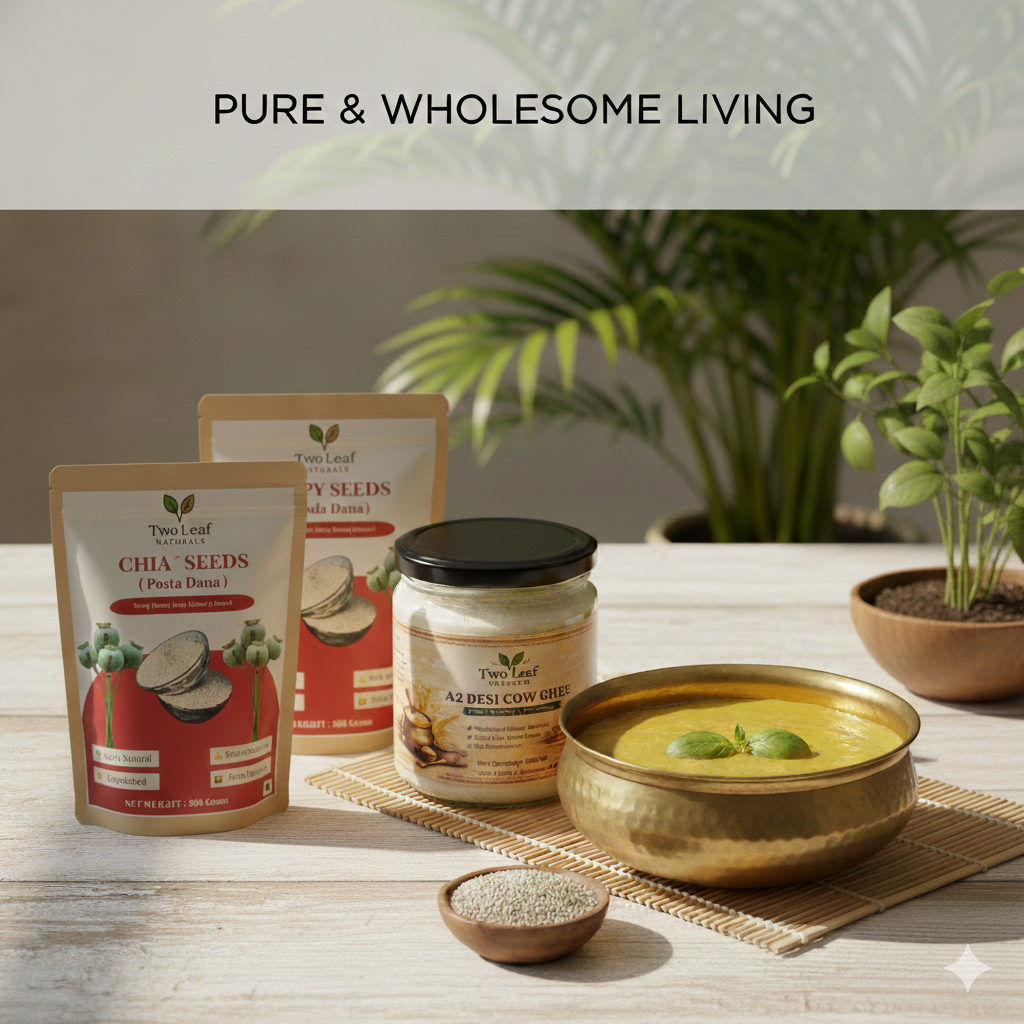 Two Leaf Natural organic food banner showing buffalo ghee, cow ghee, chia seeds and poppy seeds with health benefits