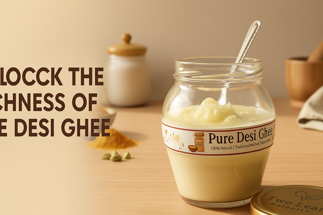 Pure Desi Cow Ghee by Two Leaf Naturals in a glass jar – traditional A2 ghee for weight loss, healthy digestion, and natural energy booster.