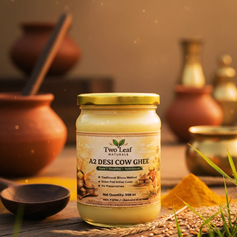 Two Leaf Naturals A2 Desi Cow Ghee jar on a wooden surface with traditional pots and ingredients in the background.