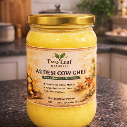 Jar of Two Leaf Naturals A2 Desi Cow Ghee on a kitchen counter