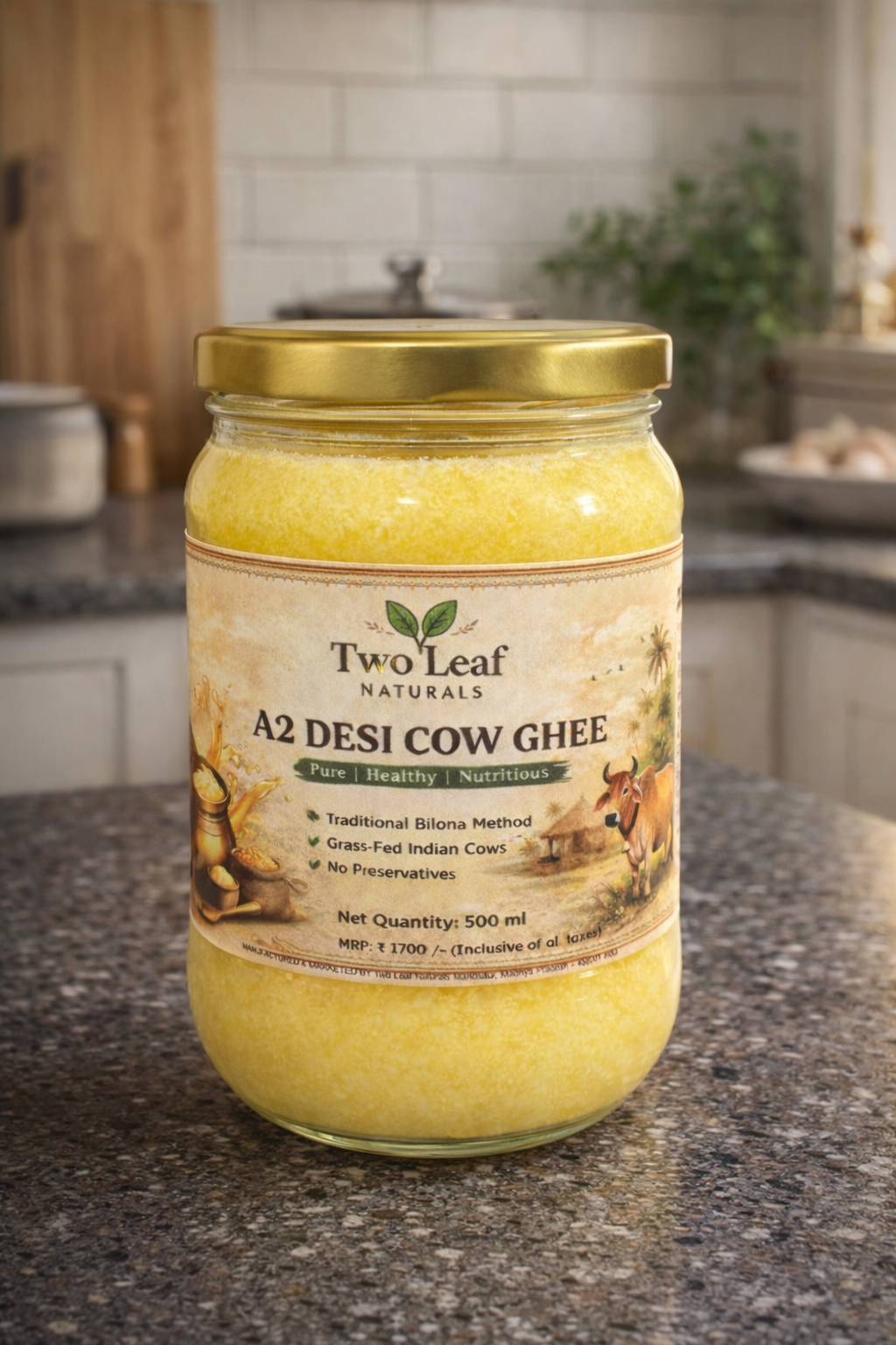 Jar of Two Leaf Naturals A2 Desi Cow Ghee on a kitchen counter