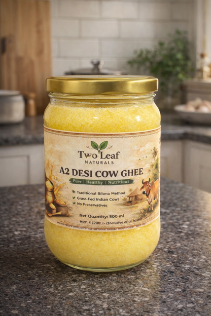 Jar of Two Leaf Naturals A2 Desi Cow Ghee on a kitchen counter