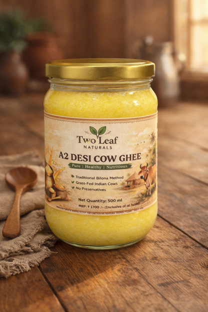 Jar of Two Leaf Naturals A2 Desi Cow Ghee on a wooden surface