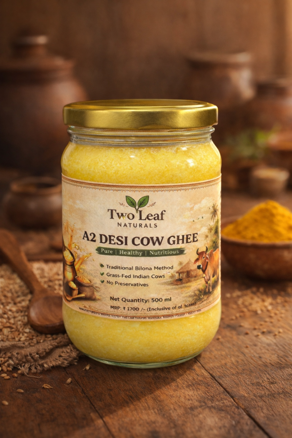 Jar of Two Leaf Naturals A2 Desi Cow Ghee on a wooden surface with traditional kitchen items in the background.